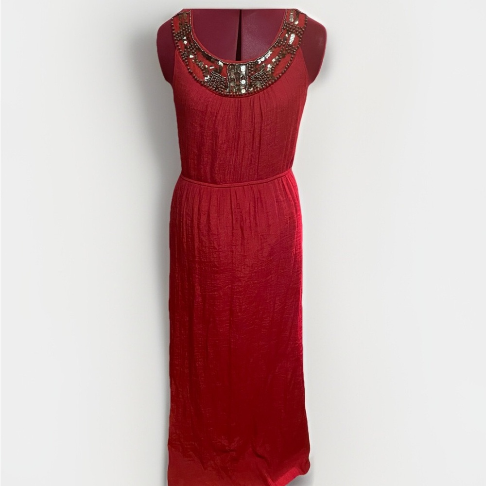 Y2K AGB Women's Maxi Dress Sz M Red Rayon Beaded Tie Festive
Beach Wedding Boho